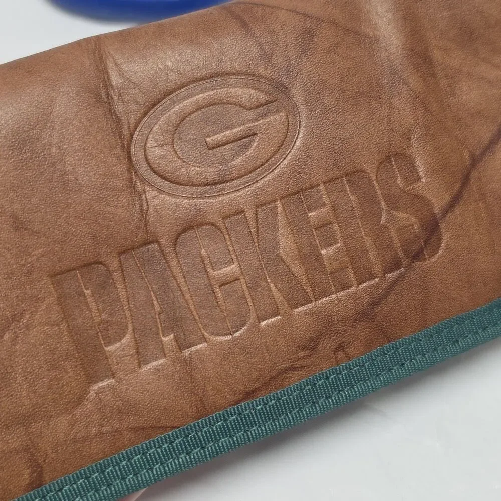Vintage Green Bay Packers Premium Brown Leather And Canvas Checkbook Wallet NWT